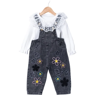ÇİÇEK NAKIŞLI KOT SALOPET  12 Ay,2Y,3Y,4Y Kız
