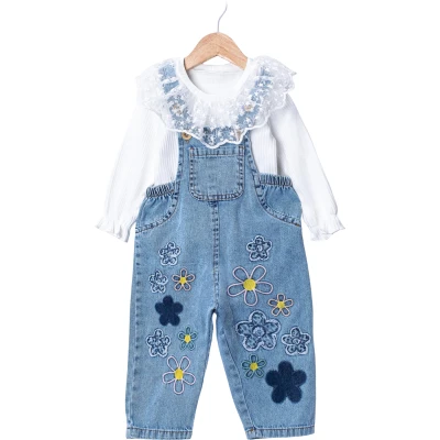 ÇİÇEK NAKIŞLI KOT SALOPET  12 Ay,2Y,3Y,4Y Kız
