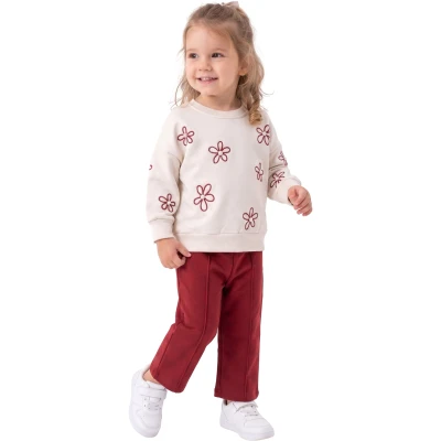 ÇİÇEK NAKIŞLI PONPONLU İKİLİ TAKIM 12 Ay,2Y,3Y,4Y Kız