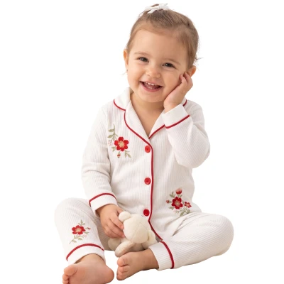 ÇİÇEK NAKIŞLI RAPORLU YAKALI PİJAMA TAKIM  12 Ay,2Y,3Y Kız