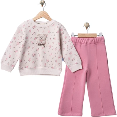 ÇİÇEKLİ BASKI PELUŞ AYICIK NAKIŞLI KIZ TAKIM 2Y,3Y,4Y,5Y Kız