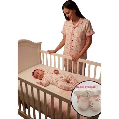 ÇİFT KAT MÜSLİN BEBEK AYAKKABILI XXL BEDEN ANNE BEBEK LOHUSA SET 3 Ay Kız