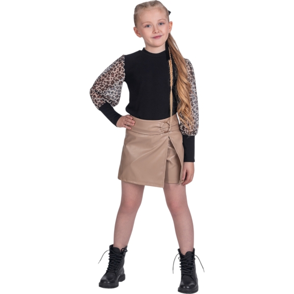 DERİ ŞORT ETEK LEOPAR KOL BADİ TAKIM  6Y,8Y,10Y,12Y,14Y Kız