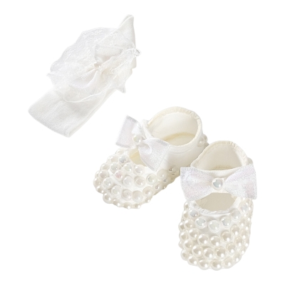 FULL İNCİLİ PATİK BANDANA SET EKRU 3 Ay Kız