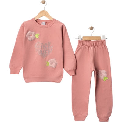 GIRL POWER TAŞ BASKILI ÇİÇEK APLİKELİ İKİLİ TAKIM 2Y,3Y,4Y,5Y,6Y,7Y,8Y Kız