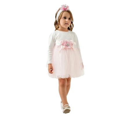 İNCİLİ GÖBEK ÇİÇEKLİ BANDANALI ELBİSE 2Y,3Y,4Y Kız