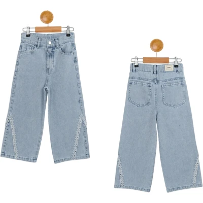 KEMERLİ BORU PAÇA DANTELLİ KIZ KOT PANTOLON  11Y,12Y,13Y,14Y,15Y Kız