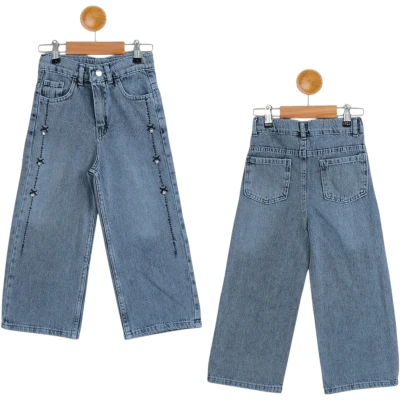 KEMERLİ BORU PAÇA NAKIŞLI KIZ KOT PANTOLON  11Y,12Y,13Y,14Y,15Y Kız