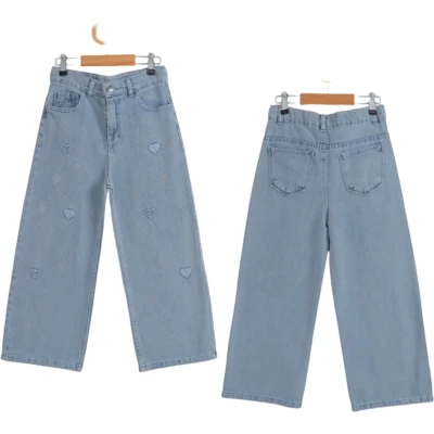 KEMERLİ KALP NAKIŞLI TAŞLI KIZ KOT PANTOLON  6Y,7Y,8Y,9Y,10Y Kız
