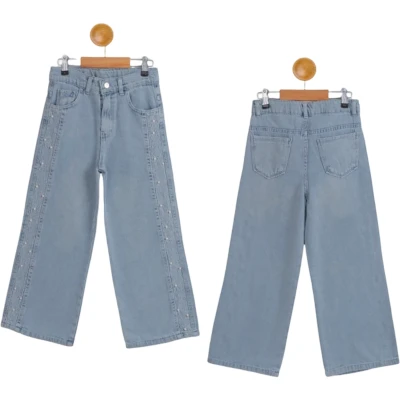 KEMERLİ NAKIŞLI İNCİLİ  TAŞLI KIZ KOT PANTOLON  6Y,7Y,8Y,9Y,10Y Kız