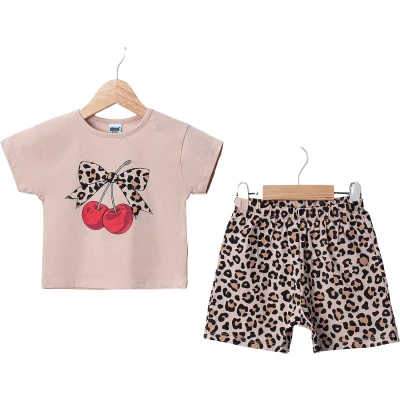 KİRAZ BASKILI LEOPARLI KIZ TAKIM 2Y,3Y,4Y,5Y Kız