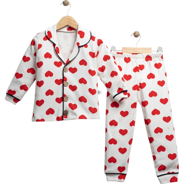 KIRMIZI KALP BASKILI BİYELİ PİJAMA TAKIMI  4Y,5Y,6Y Kız