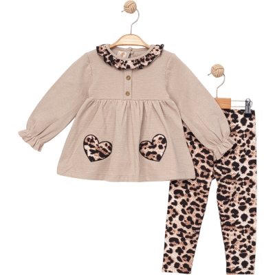LEOPAR DESENLİ KALP NAKIŞLI KIZ TAKIM  2Y,3Y,4Y,5Y Kız