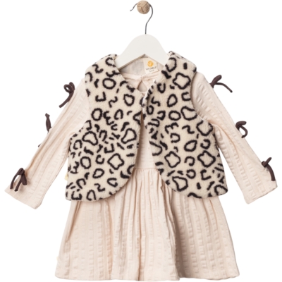LEOPARLI PELUŞLU KOL DETAYLI ELBİSE 9 Ay,12 Ay,18 Ay,2Y Kız