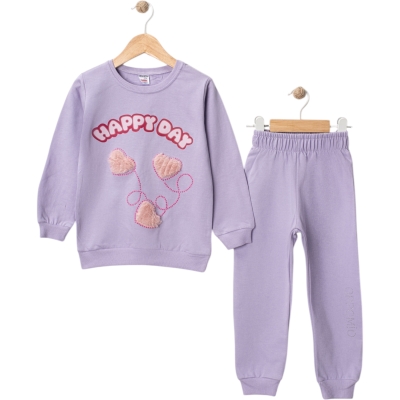 PELUŞ KALP APLİKELİ BASKILI İKİLİ TAKIM  2Y,3Y,4Y,5Y,6Y,7Y,8Y Kız