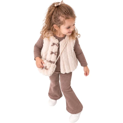 PELUŞ YELEKLİ ÇANTALI FİYONKLU 4 PARÇA TAKIM  12 Ay,2Y,3Y,4Y Kız