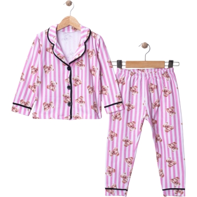 PEMBE ÇİZGİLİ AYICIKLI YAKALI PIJAMA TAKIM  12 Ay,2Y,3Y Kız
