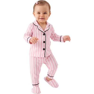 PEMBE ÇİZGİLİ TERLİKLİ 3'LÜ PİJAMA TAKIMI 12 Ay,2Y,3Y Kız