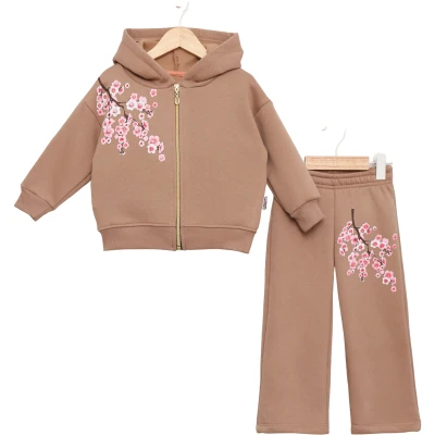 SAKURA ÇİÇEKLİ FERMUARLI KIZ TAKIM ÜÇ İP 2Y,3Y,4Y,5Y Kız