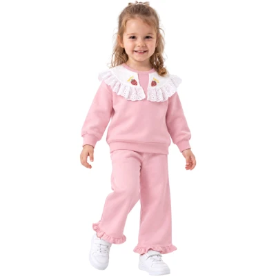 YAKASI DANTELLİ ÇİLEK NAKIŞLI İKİLİ TAKIM 12 Ay,2Y,3Y,4Y Kız