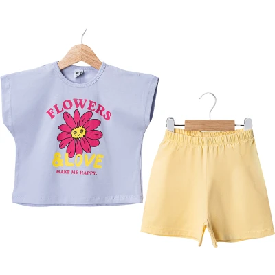 YAZLIK ÇİÇEK FLOWERS BASKILI ŞORTLU TAKIM  12 Ay,2Y,3Y,4Y Kız